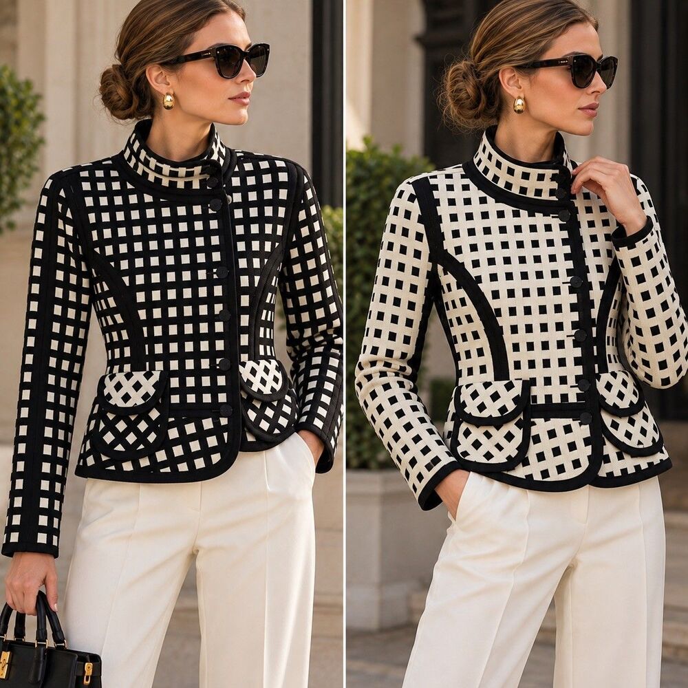 Carlisle Reversible 100% Wool Geometric Jacket Black Ivory Asymmetrical Button 6
